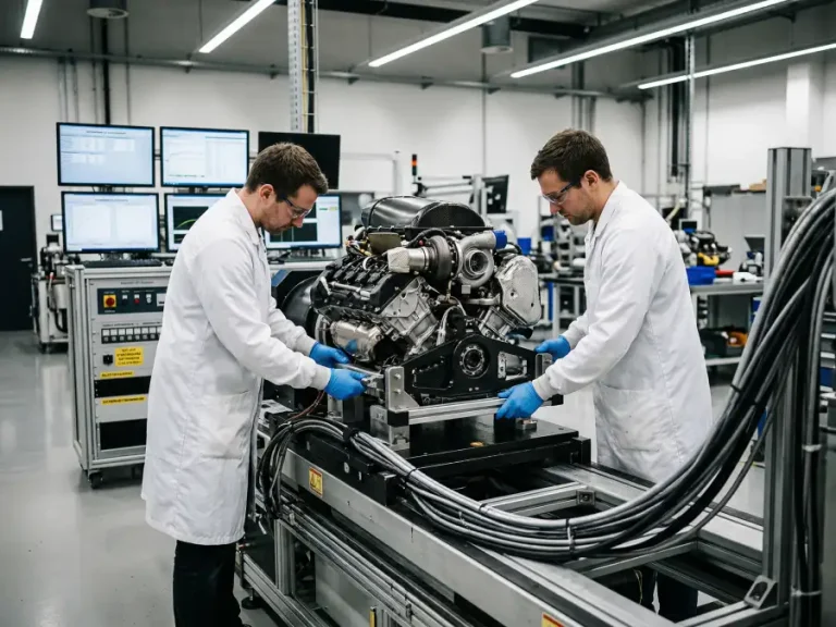 Zwei Ingenieure in Arbeitskleidung montieren einen Formel-1-Motor auf einem Prüfstand in einer modernen Werkshalle