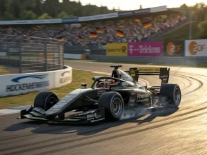 Formel-1-Bolide mit detaillierter Sponsoren-Beklebung auf einer Rennstrecke bei hohem Tempo