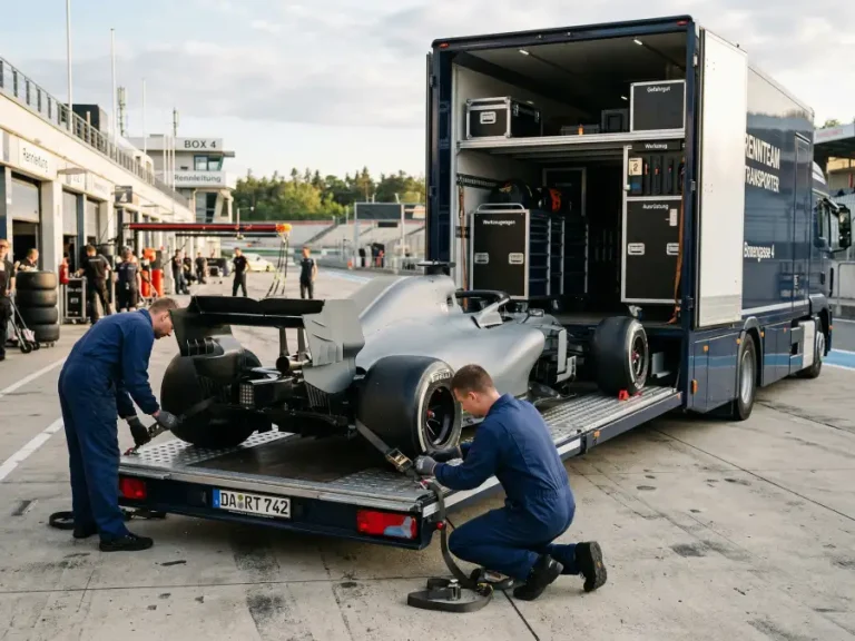 Formel-1-Rennwagen eines neuen Teams auf dem Transport-Lkw in der Boxengasse vor Saisonbeginn