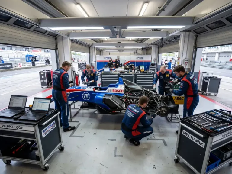 Formel-1-Mechaniker arbeiten an einem Rennwagen in einer modernen Team-Garage während eines Grand-Prix-Wochenendes