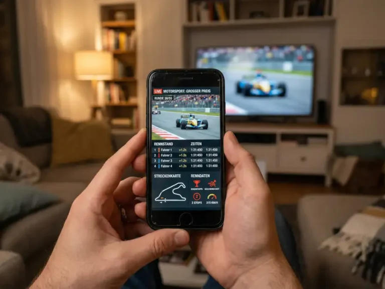 Smartphone mit Live-Wetten-Interface während eines Formel-1-Rennens auf dem Bildschirm