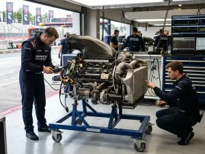 Formel-1-Antriebseinheit in einer offenen Team-Garage während einer Werks-Inspektion mit Mechanikern