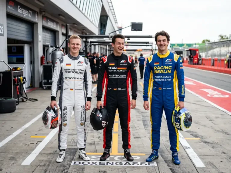 Junge Formel-1-Fahrer im Rennoverall während einer Vorstellung vor der neuen Saison