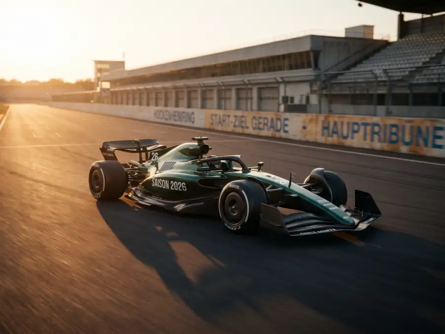 Formel-1-Rennwagen der Saison 2026 auf der Start-Ziel-Geraden beim Sonnenaufgang — Sportwetten F1 datenbasierter Leitfaden
