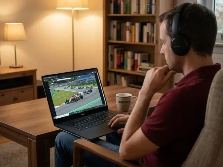 Formel-1-Fan verfolgt ein Rennen auf einem Laptop in einer Wohnzimmer-Umgebung