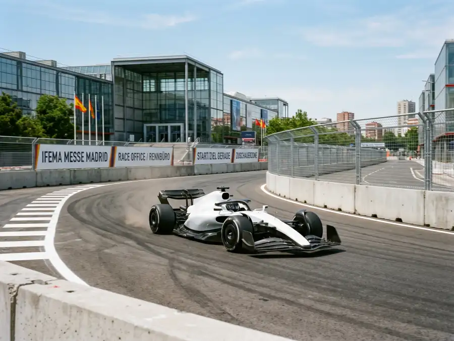 Formel-1-Rennwagen auf einer neuen Stadtkurs-Strecke zwischen Messegebäuden in Madrid am hellen Tag