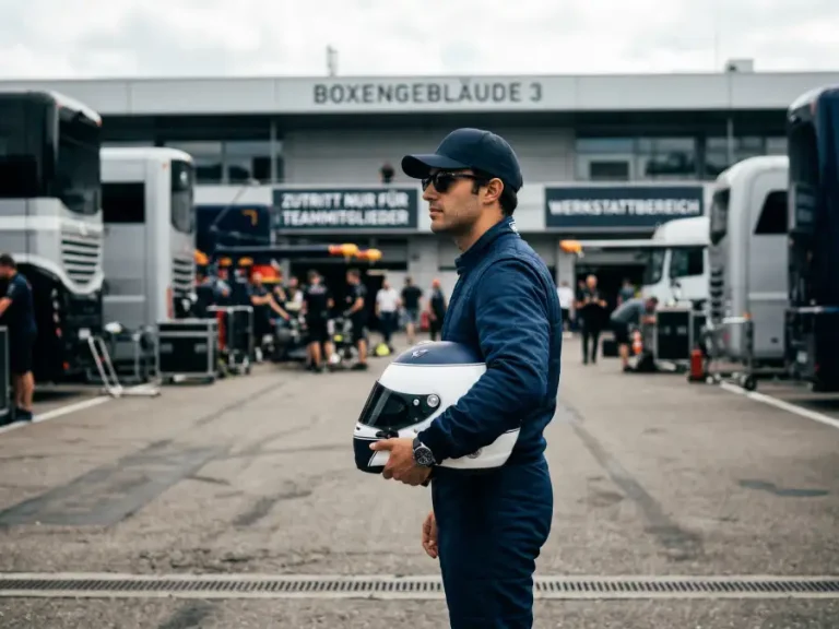 Formel-1-Fahrer in blauem Rennoverall und Helm in der Hand bei einem Fahrerinterview im Paddock