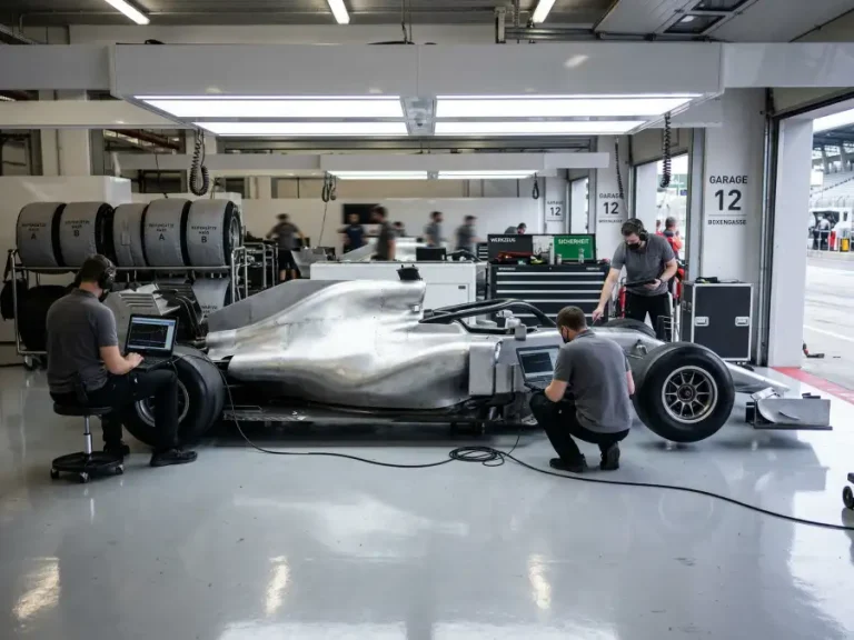 Silberner Formel-1-Rennwagen mit Ingenieuren in Team-Uniform an der Boxengasse während eines Testtags