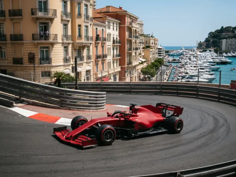 Formel-1-Rennwagen beim Monaco Grand Prix in der Haarnadelkurve am Fairmont Hotel mit Hafenkulisse