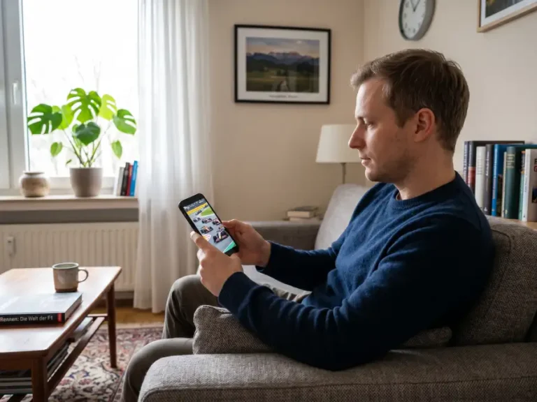 Person schaut nachdenklich ein Formel-1-Rennen auf einem Smartphone in einer ruhigen Wohnumgebung