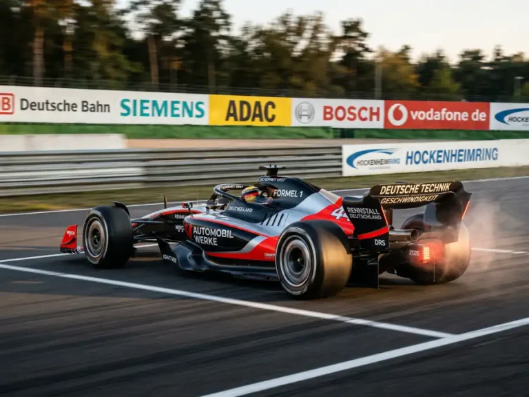 Formel-1-Bolide bei vollem Beschleunigungsmanöver auf einer langen Geraden mit Motoranzeige im Detail