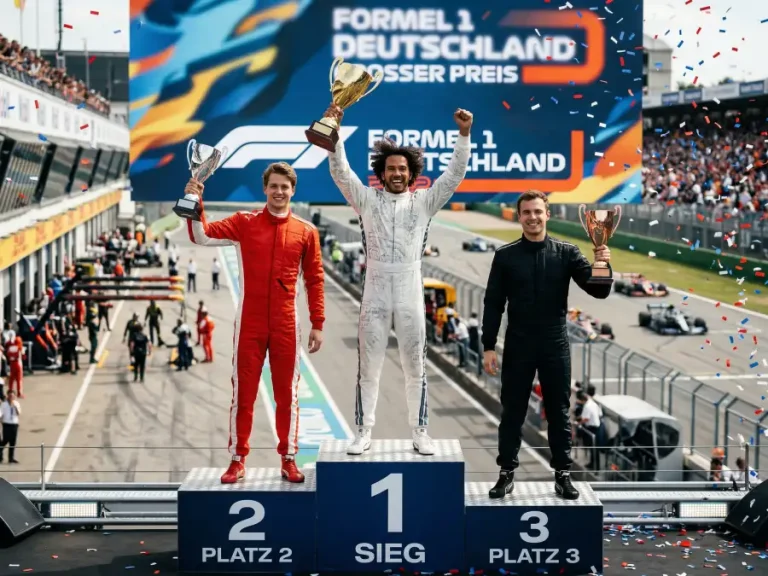 Drei Formel-1-Fahrer auf dem Podium mit Trophäen nach einem Grand Prix