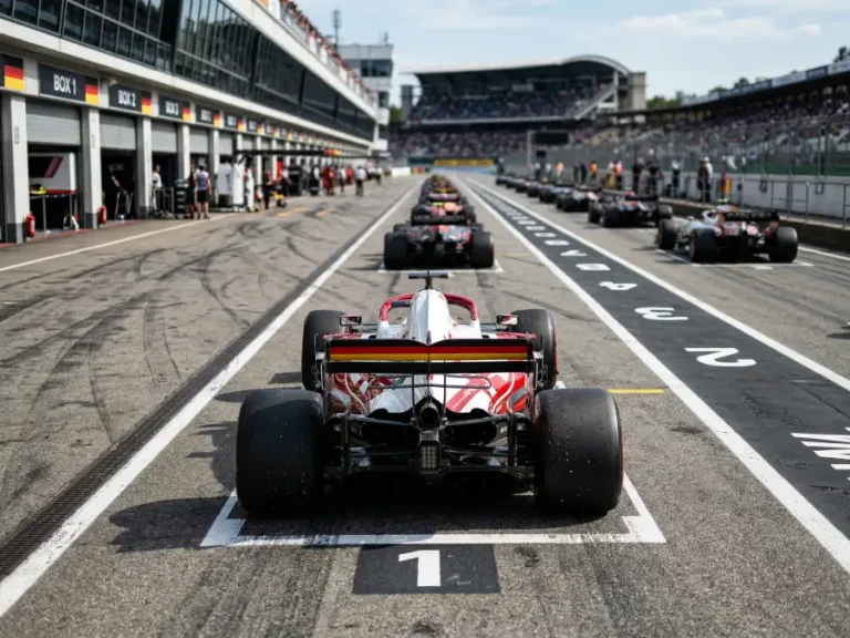 Startaufstellung in der Formel 1 mit Polesetter auf Position eins und wartenden Autos in der Startlinie