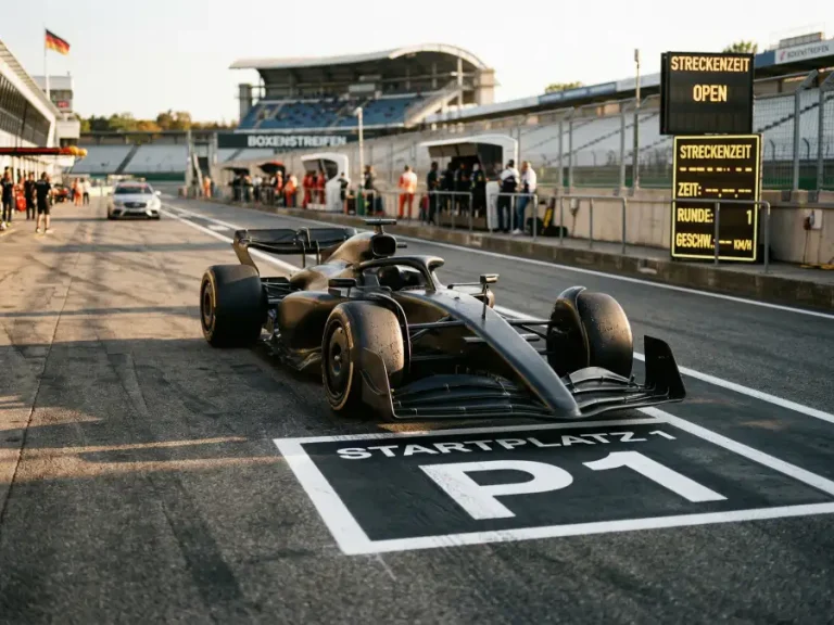 Formel-1-Rennwagen auf Pole Position auf der Startaufstellung mit leuchtender Zeitanzeige am Streckenrand